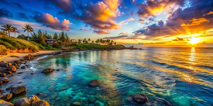 Serene Oceanside Doca with Crystal Clear Waters and Vibrant Coastal Landscape at Sunset Glow