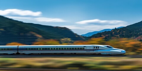A high-speed train speeds through a vibrant landscape, showcasing modern transportation against a backdrop of mountains and blue sky.