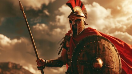 Spartan warrior in red cloak and iron helmet holding spear, shield and sword on battlefield