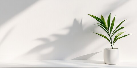 A modern indoor plant casts an elegant shadow on a white wall, creating a serene and minimalistic atmosphere.