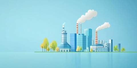 Fototapeta premium A modern industrial landscape featuring factories, skyscrapers, and greenery under a blue sky, symbolizing urban development and progress.