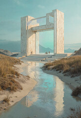 Fototapeta premium Surreal, geometric building complex in a serene beach landscape, featuring pastel tones, iridescent style, bright light effects, and a dreamlike ambiance with a holographic background