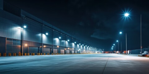 A nighttime view of an industrial warehouse with illuminated loading bays and a clear sky, showcasing modern architecture and lighting.
