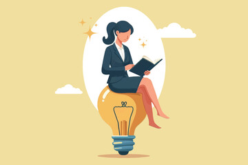 business woman sitting on a light bulb reading a book