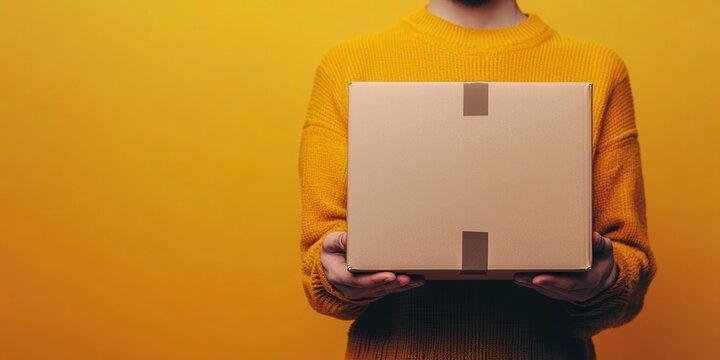 A person holding a cardboard box against a vibrant yellow background, showcasing delivery and packaging concepts.