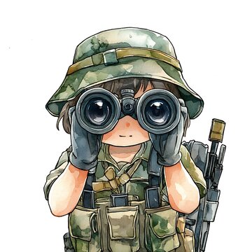 recommend clip art: A young woman soldier looks through binoculars, wearing camouflage.