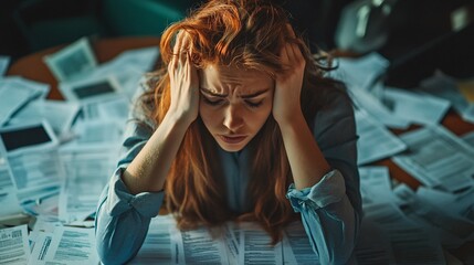 Fototapeta premium Overwhelmed Businesswoman Drowning in Debt and Bills, Financial Stress and Money Troubles Concept