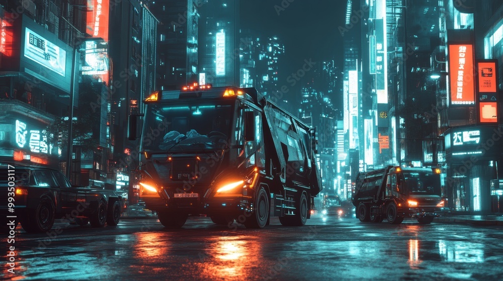 Wall mural cyberpunk cityscape truck.