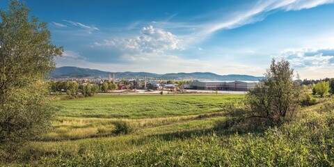 A scenic landscape featuring lush green fields, mountains in the background, and a bright blue sky with fluffy clouds.