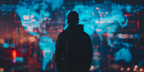 Obraz premium Digital Horizon, technology innovation and future, man in front of world map with glow and flow of binary codes