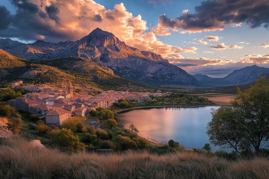 Sunset Over Riano Village and Cantabrian Mountains in Leon, Spain