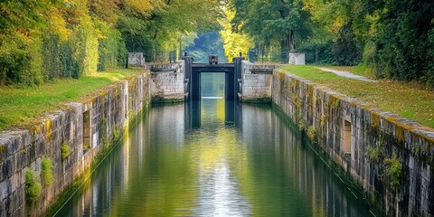 Naklejka premium A serene canal with lush greenery on both sides, perfect for showcasing nature and tranquility in a tranquil setting.