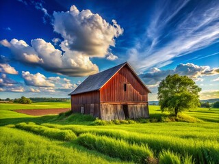 Obraz premium Serene Rural Landscape Featuring a Rustic Barn Surrounded by Lush Green Fields and Blue Sky