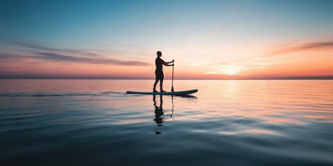 A serene sunset view of a person paddleboarding on calm waters, reflecting vibrant colors and creating a peaceful atmosphere.
