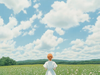 girl with redhair standing in meadow under blue summer sky with clouds