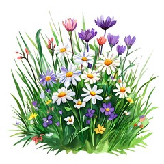 Fototapeta premium Watercolor illustration of a colorful wildflower meadow with daisies, violets, and other wildflowers.