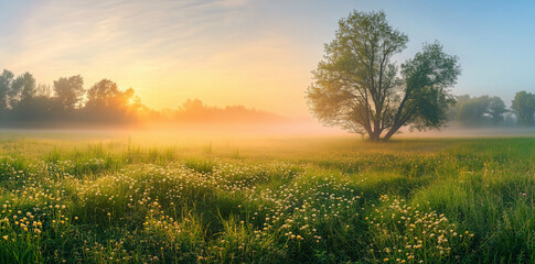 Obraz premium Serene Sunrise Over Meadow with Yellow Flowers and Lone Tree