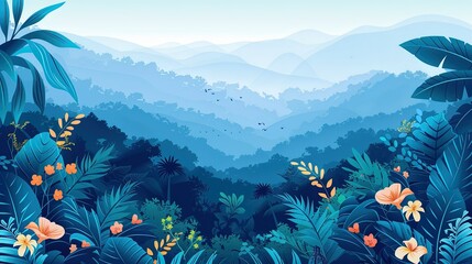 Tropical Rainforest Landscape with Misty Mountains