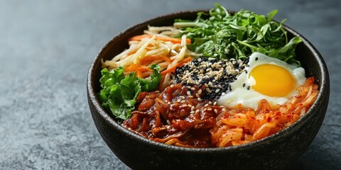 A vibrant bowl of Korean bibimbap featuring vegetables, rice, egg and spicy sauce, perfect for a delicious and healthy meal.