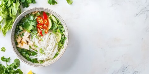 A vibrant bowl of pho with fresh herbs, noodles, and colorful toppings, perfect for showcasing delicious Asian cuisine.