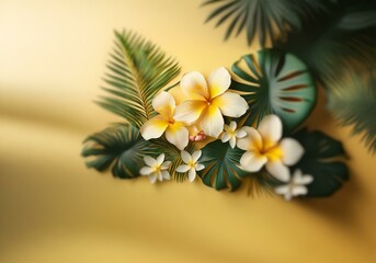 Obraz premium Tropical flowers and palm leaves arranged on a yellow background.
