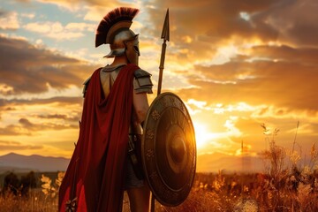Spartan warrior in red cloak and iron helmet holding spear, shield and sword on battlefield