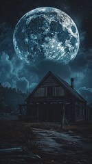 A hunted house and dark environment with a large moon in the sky, Halloween elements, Happy Halloween