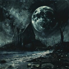 Fototapeta premium A hunted house and dark environment with a large moon in the sky, Halloween elements, Happy Halloween