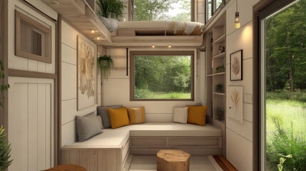 Modern tiny house interior with compact, space-saving furniture and smart storage solutions, emphasizing the trend of reducing living space