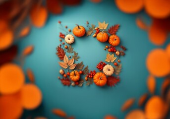 A wreath of colorful fall leaves and small pumpkins on a blue background.