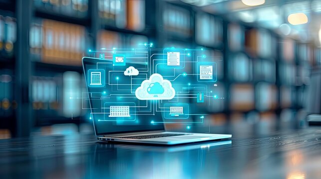 A modern laptop in a library setting with bright glowing cloud icons and diagrams floating above, illustrating cloud computing, data management, and digital connectivity.