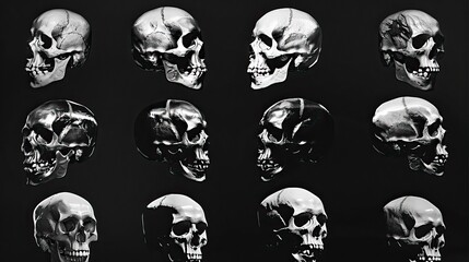Obraz premium A collection of black and white images of skulls, Halloween elements, Happy Hallowee