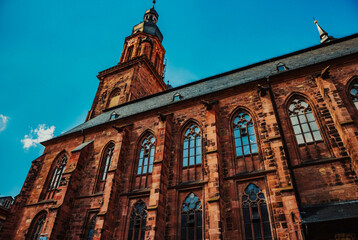 Beautiful old architecture in the city of Heidelberg against the blue sky