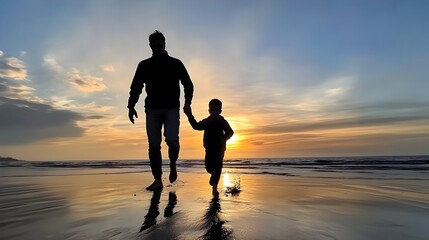 Fototapeta premium Silhouetted Father and Son Running on Vibrant Sunset Beach