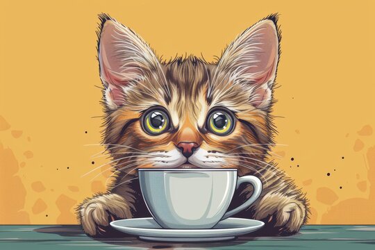 Funny ginger kitten with a cup of coffee in cartoon style, I need coffee