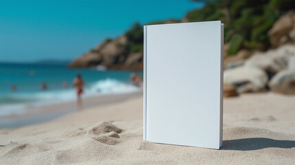 Mockup of blank book cover standing on sandy beach with ocean and people in background
