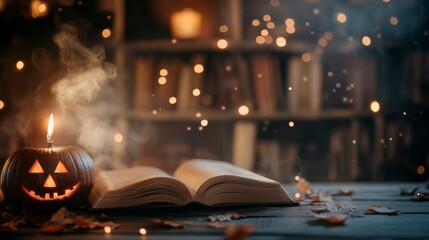 An empty scene featuring a blurred background with soft-focus spooky fairy tales and storybooks, creating an ideal product mockup space, 