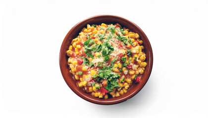 Corn Salad with Red Peppers and Cilantro in a Clay Bowl