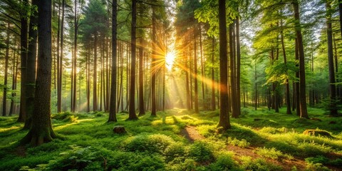 Fototapeta premium Serene Woodland Backdrop with Lush Greenery, Tall Trees, and Filtered Sunlight in Nature
