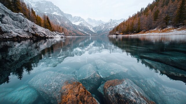 Alpine Serenity, a tranquil alpine lake reflecting pine forests and rocky shores, with distant snow-capped mountains creating a picturesque and peaceful natural landscape.