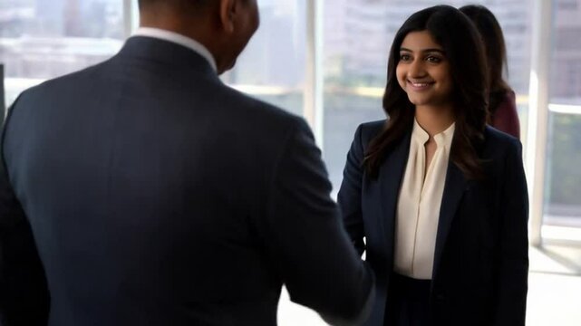 Proud Indian teenage female executive receives promotion from her team in the office. Happy CEO congratulates her on outstanding performance.