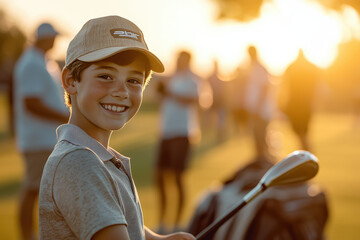Little boy playing golf with friends on the field, smiling and holding club in hand, wearing cap. It was a sunny day with golden hour light.