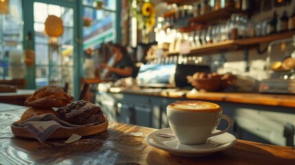 Fototapeta premium Cozy coffee shop scene with freshly brewed coffee and pastries on wooden table
