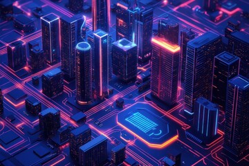 Fototapeta premium Futuristic Cityscape with Neon Lights and Circuitry