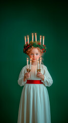 A red-haired girl dressed as Saint Lucia, with a green wreath on her head, in a white dress with a red belt and holding candles in her hands. Green pastel background. Hyper-realistic photo.