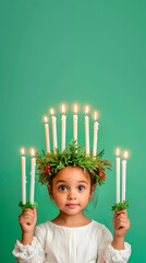 A photo of a surprised little girl with dark hair dressed as Saint Lucia, with a green wreath on her head, in a white dress with a red belt and holding candles in her hands. Green pastel background.