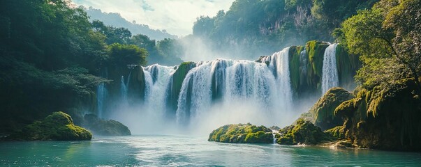 Naklejka premium Ban Gioc Waterfall A majestic waterfall cascading down limestone cliffs, surrounded by lush greenery