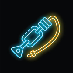 Glowing neon line rescue medium belay descender icon isolated on black background. Climbing equipment. Colorful outline concept. Vector illustration