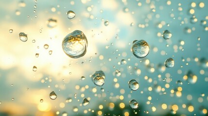 Raindrops on a window with a golden sunset background.