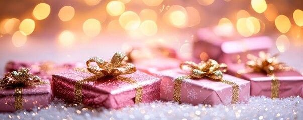 Beautifully wrapped pink gift boxes with golden ribbons on white snow, creating a festive and cheerful vibe.